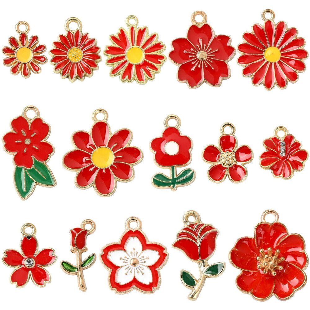 2904 60Pcs Red Series Flower Enamel Charms Mixed Daisy Rose Cherry Blossom